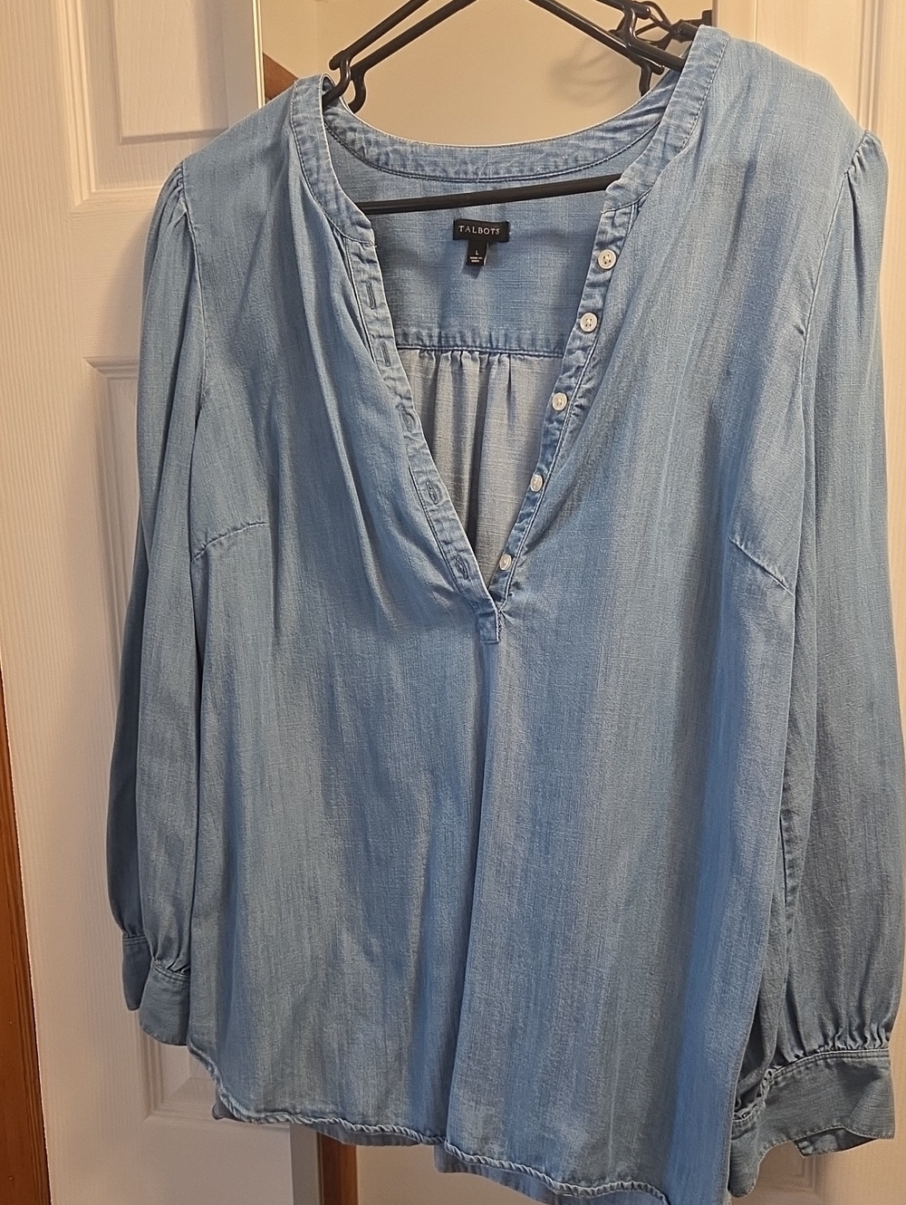Talbots Light Chambray Blue Split-Neck Peasant Blouse